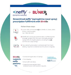 A screenshot of the neffy + BlinkRx HCP Product Acquisition Brochure in a green-teal gradient circle