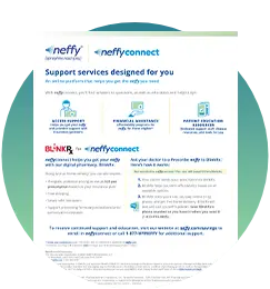 A screenshot of the BlinkRx for neffyconnect Patient Product Acquisition Fact Sheet in a green-teal gradient circle
