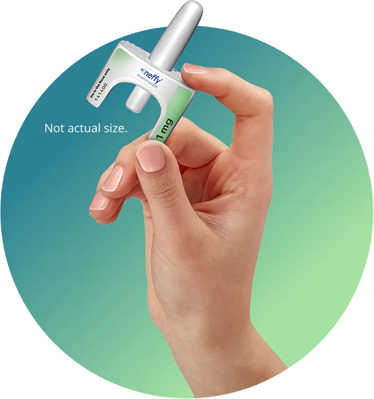 A hand holding neffy® (epinephrine nasal spray) in a green-teal gradient circle, including a callout of it not being the actual product size