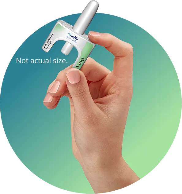 A hand holding neffy® (epinephrine nasal spray) in a green-teal gradient circle, including a callout of it not being the actual product size