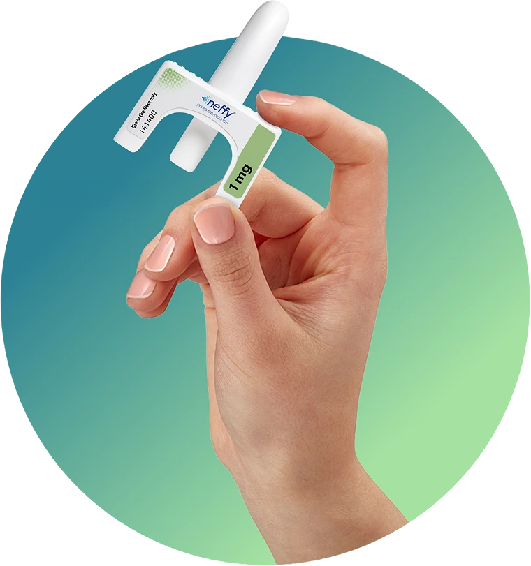 A hand holding neffy® (epinephrine nasal spray) in a green-teal gradient circle, including a callout of it not being the actual product size