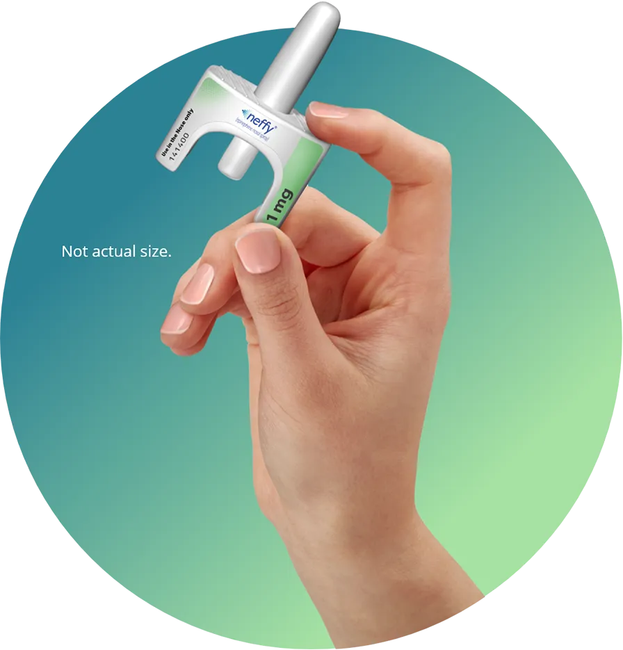 A hand holding neffy® (epinephrine nasal spray) in a green-teal gradient circle, including a callout of it not being the actual product size