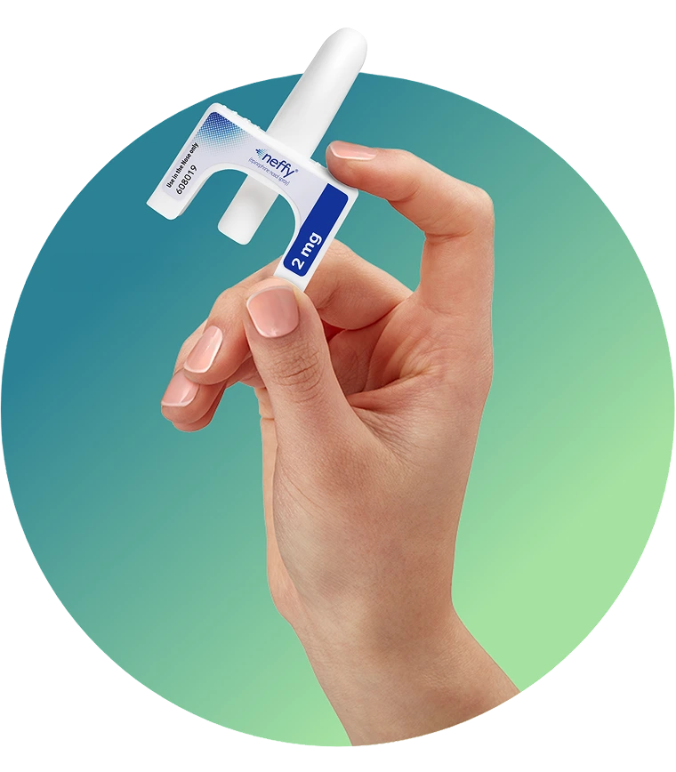 A hand holding neffy® (epinephrine nasal spray) in a green-teal gradient circle, including a callout of it not being the actual product size