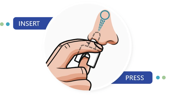 A graphic depiction of the administration of neffy® (epinephrine nasal spray): INSERT the nozzle into one nostril and PRESS the plunger to release the drug