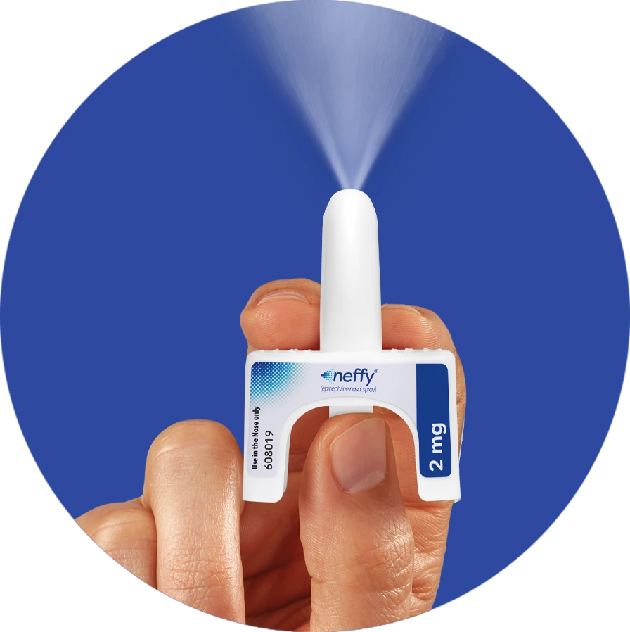 A hand holding neffy® (epinephrine nasal spray) in a green-teal gradient circle, including a callout of it not being the actual product size