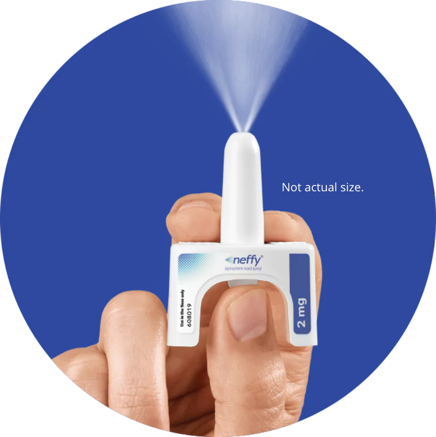 A hand holding neffy® (epinephrine nasal spray) in a green-teal gradient circle, including a callout of it not being the actual product size