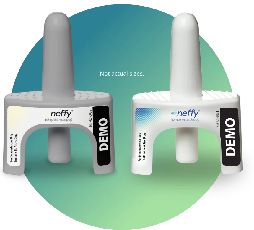Two neffy® (epinephrine nasal spray) demo devices, one gray and one white, in a green-teal gradient circle, including a callout of it not being the actual product size