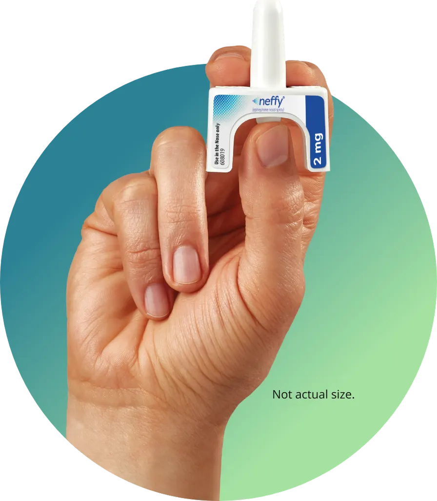 A hand holding neffy® (epinephrine nasal spray) in a green-teal gradient circle, including a callout of it not being the actual product size