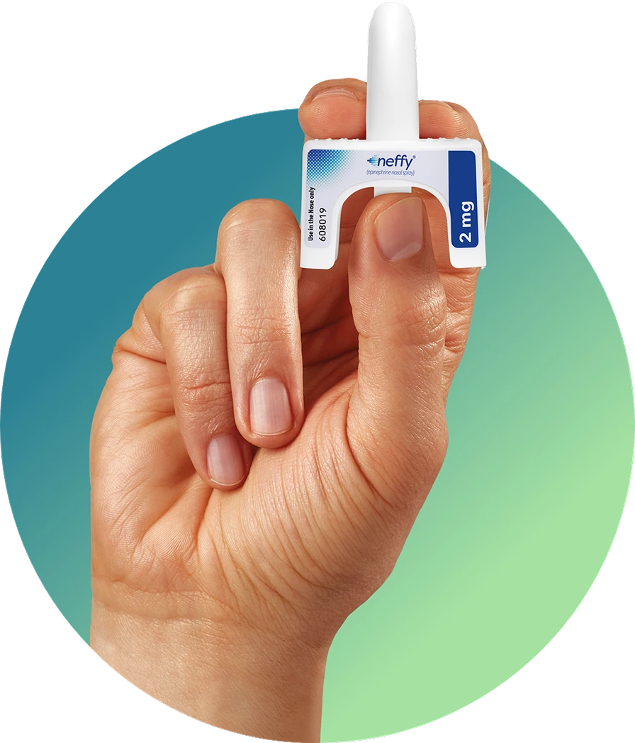 A hand holding neffy® (epinephrine nasal spray) in a green-teal gradient circle, including a callout of it not being the actual product size